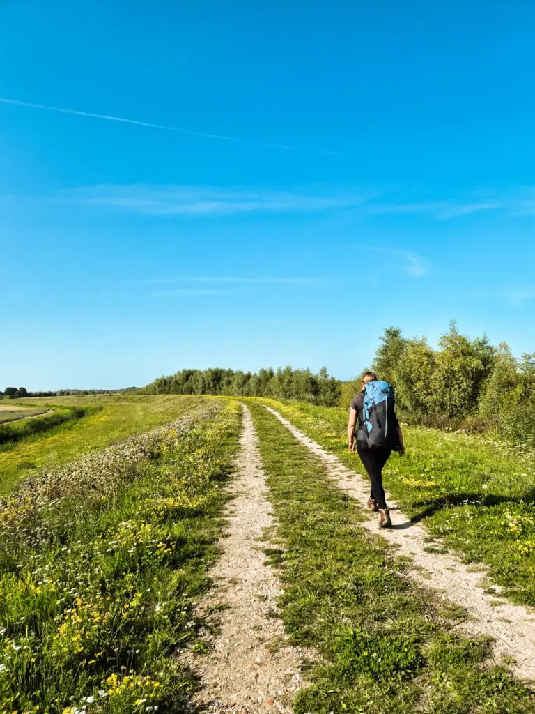 randonneur avec un sac à dos marchant sur un sentier en terre dans le parc national De Biesbosch