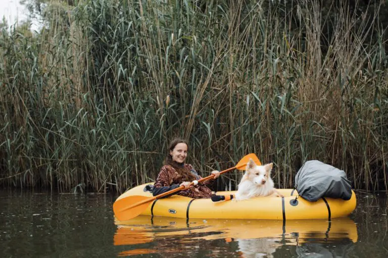 Femme et chien en packraft dans le parc national De Biesbosch